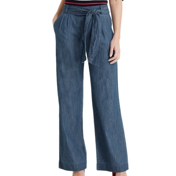 Draper James Jeans Size 8 Wide Leg Chambray Pants Tie Waist Medium Trouser Short - Picture 1 of 10